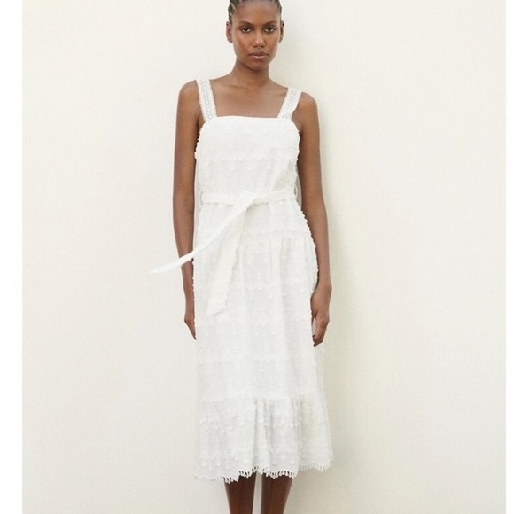 ZARA White Lace Midi Dress Belted Lacey Bridal Honeymoon Cottagecore Medium - Picture 3 of 8